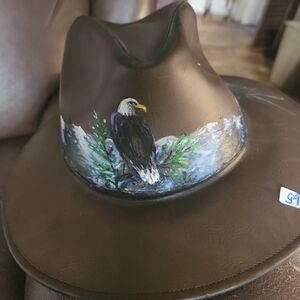 Hand-Painted Brown Leather Hat with Eagle Design